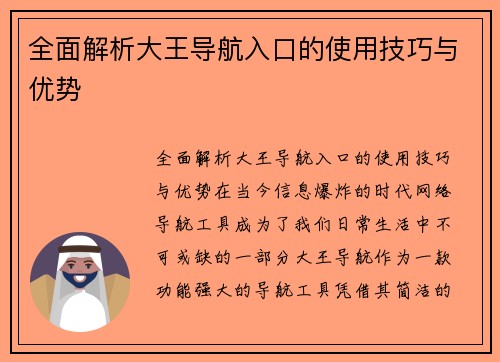 全面解析大王导航入口的使用技巧与优势